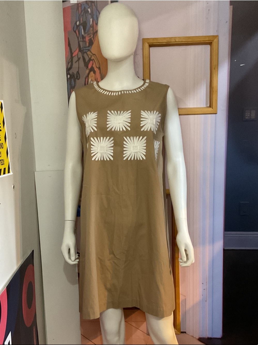 PAULE KA Tan Shift Dress with White Embroidered Squares